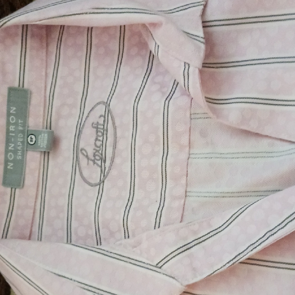 nwot: FoxCroft:8p-Woven Cotton, pink With Gray Pin striped button-down shirt